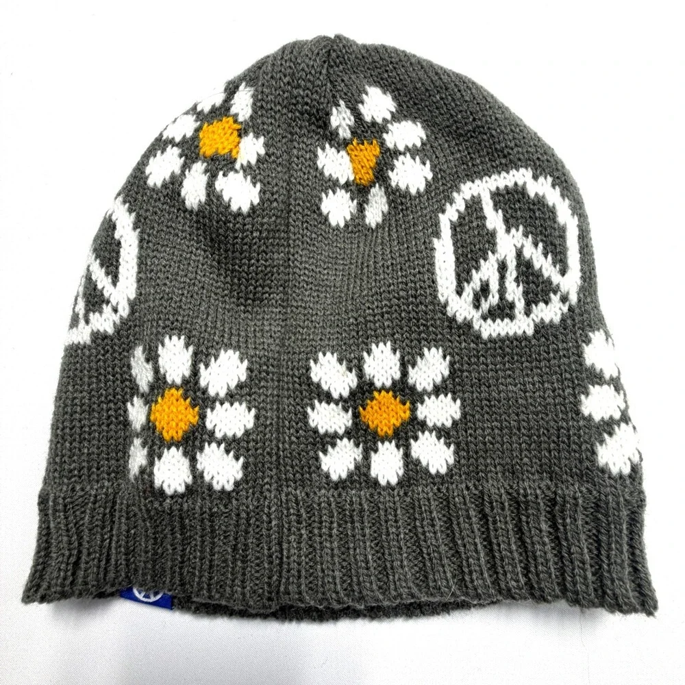 Volkswagen DriverGear VW Daisy Flower Knit Beanie Gray Yellow White One Size
